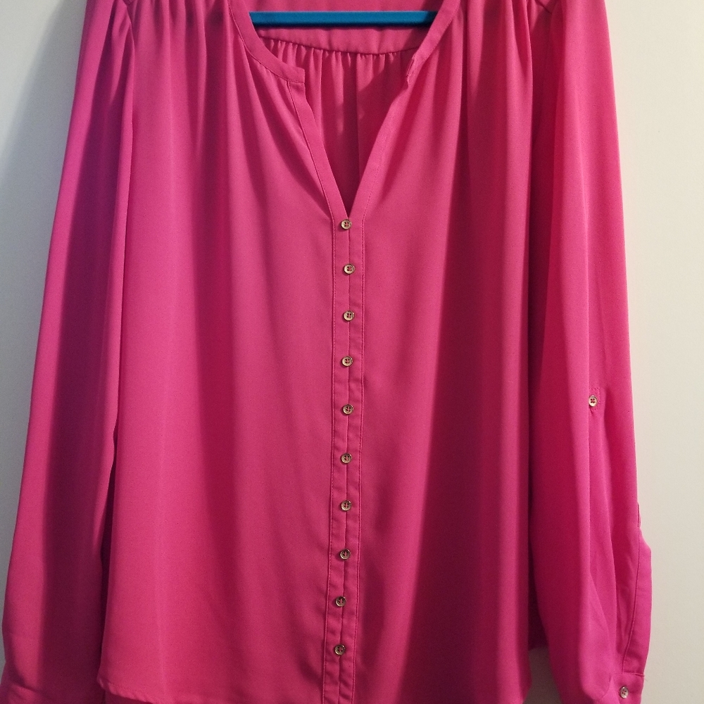 Rose colored roll tab long sleeved blouse